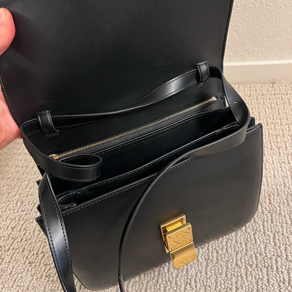 Box Style Black Smooth Leather Bag Crossbody Gold Hardware